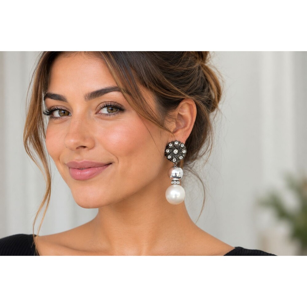 Vintage Silver Tone Faux Pearl Statement Clip-On Earrings